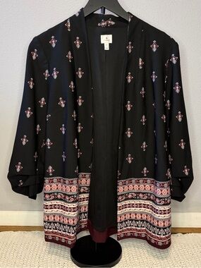Dressbarn Black Blazer with Pink Maroon White Accents Ruched sleeve Open Front